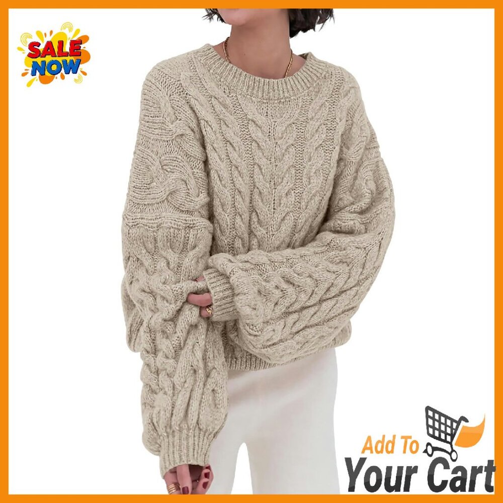 Oversized Cable Knit Chunky Pullover Sweater Loose Fit Crewneck